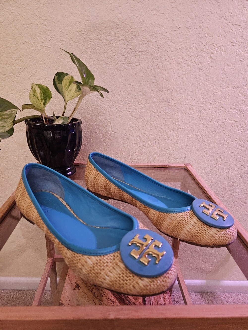 TORY BURCH Reva Ballet flats woven Straw Raffia Flats with Blue Trim Sz 7
